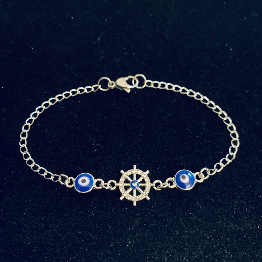 Rhinestone Nautical Ship’s Wheel w/Evil Eye bracelet or anklet - Picture 2 of 5